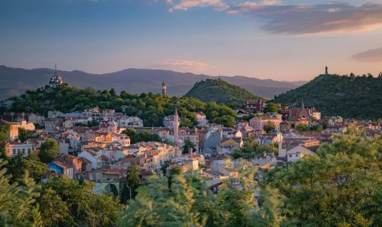 A daytime view of the city of Plovdiv in Bulgaria from the surrounding hills