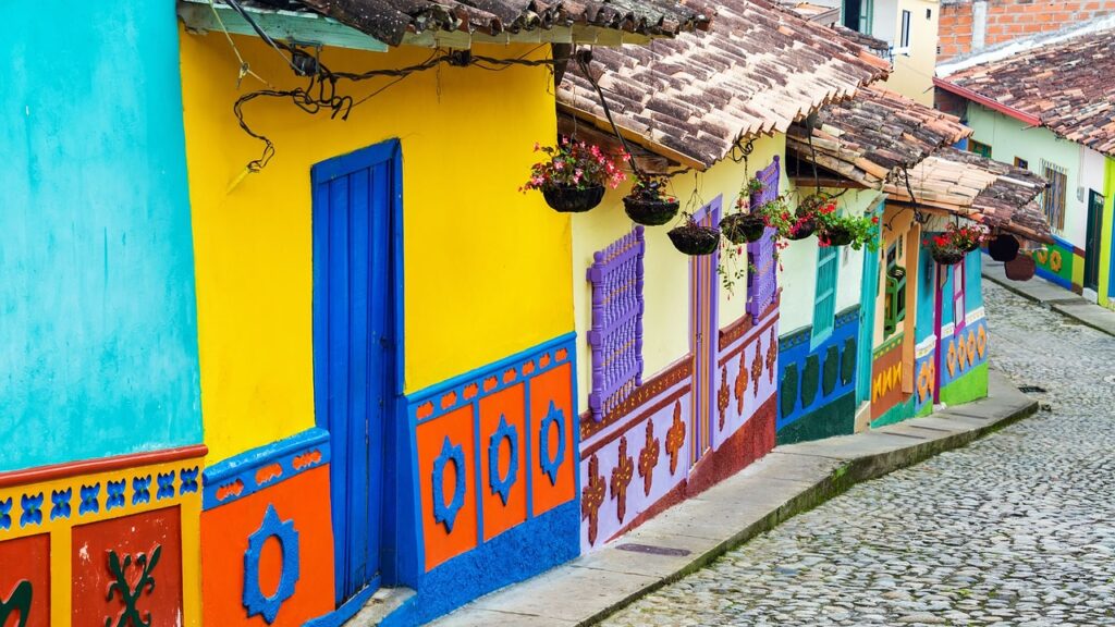 Street with colourfully painted houses in Bogota, Colombia