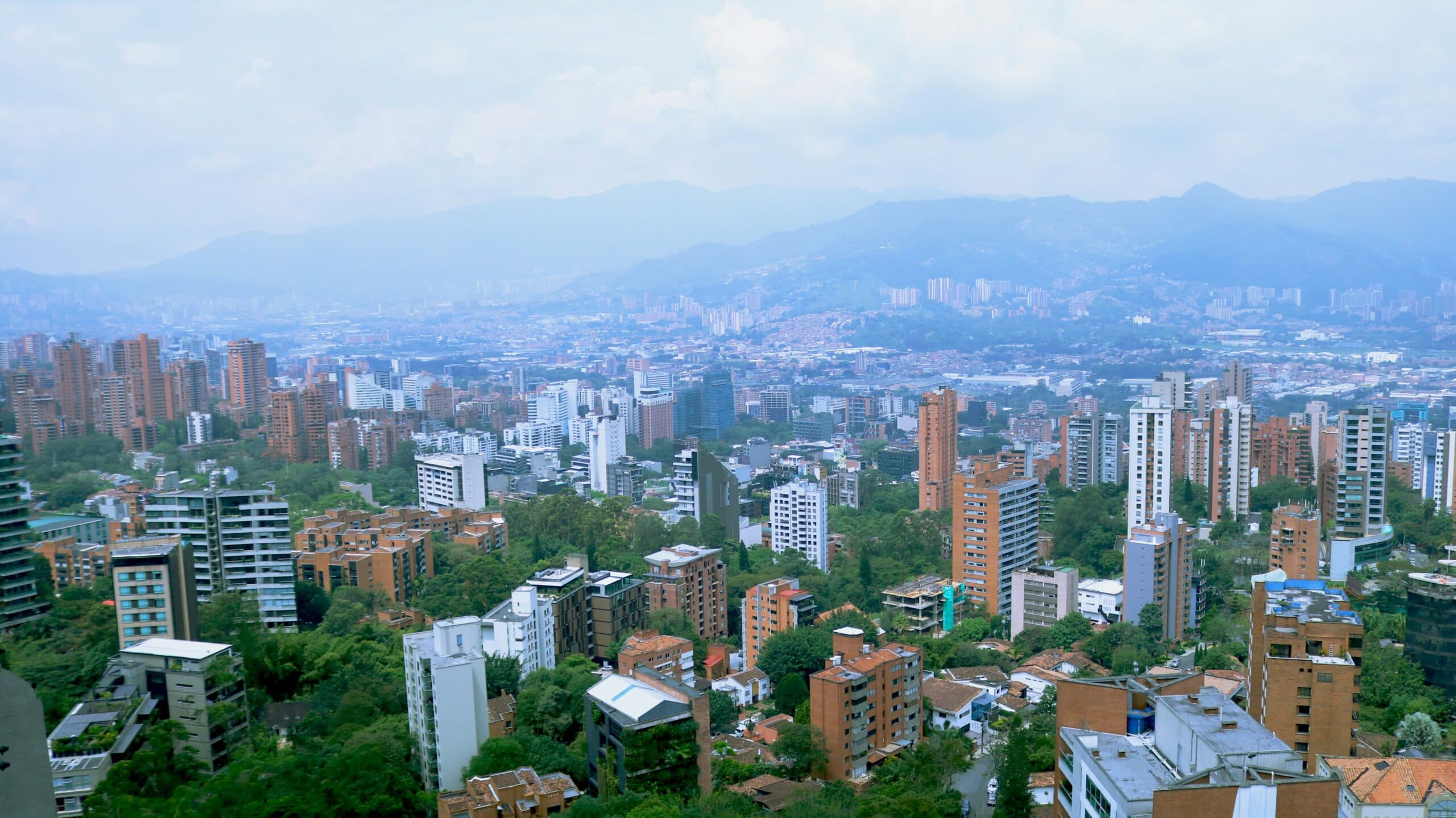 Aerial view of residential housing and green areas in Medeliin, Colombia