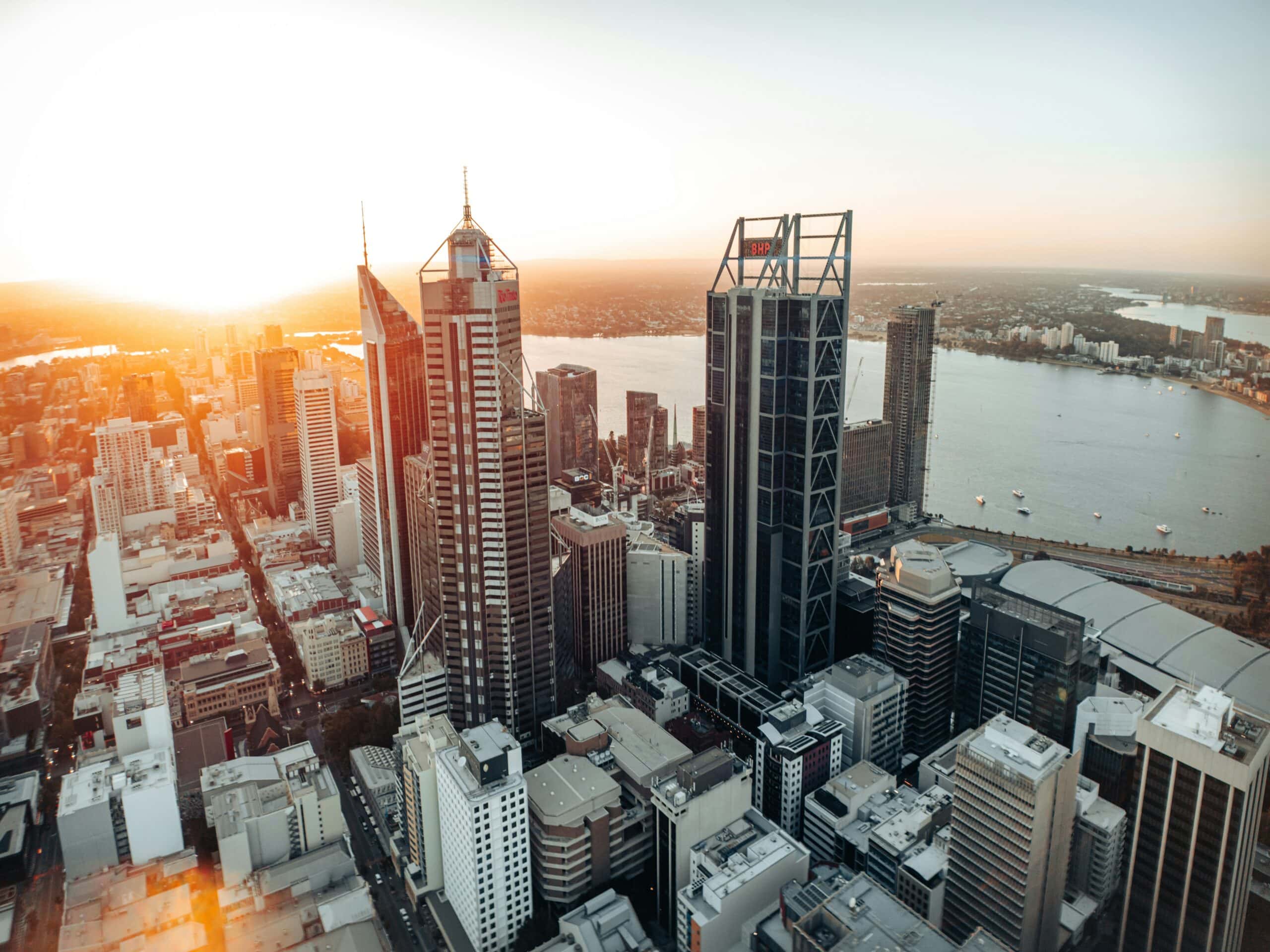 Aerial view of properties in Perth, including blocks of flats.
