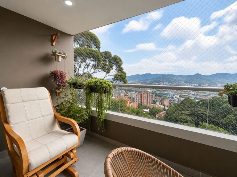 A lounge chair on a balcony of a residential block of flats with a view of green (trees), buildings, and mountains in the distance in Medellin