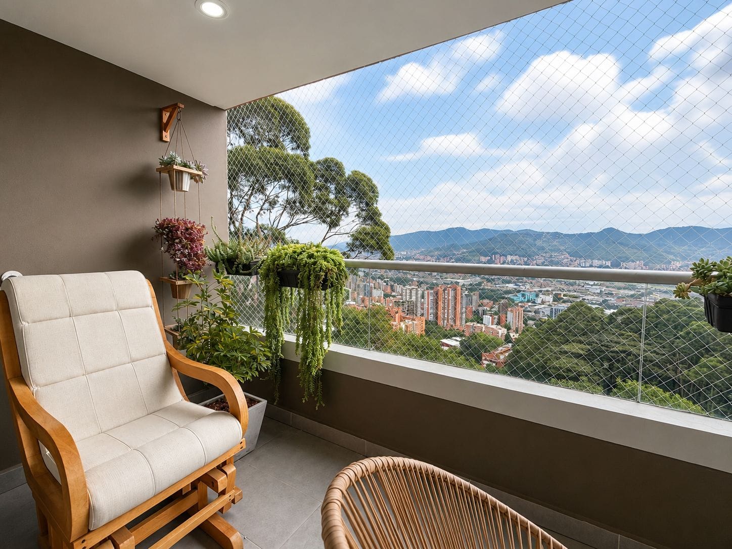A lounge chair on a balcony of a residential block of flats with a view of green (trees), buildings, and mountains in the distance in Medellin