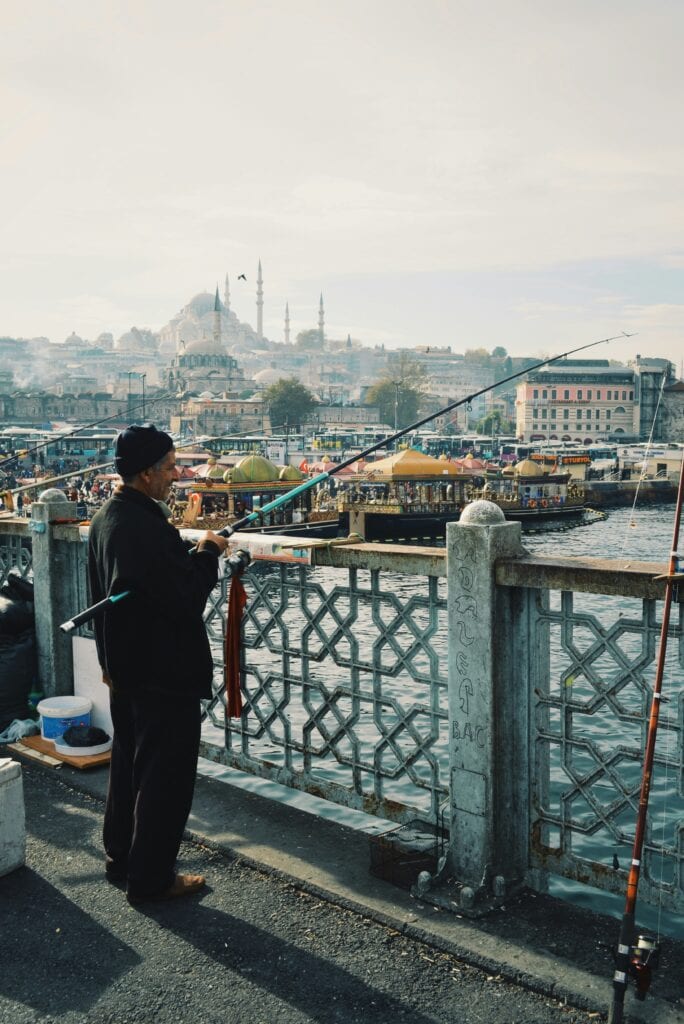 Fisherman on bridge in Istanbul, Turkey