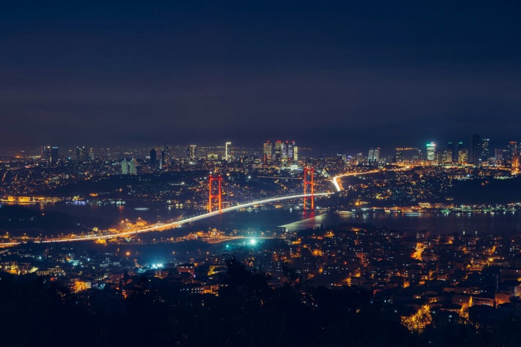 Nighttime aerial view of Istanbul, Turkey