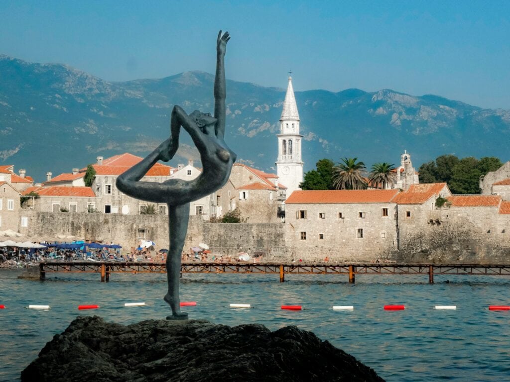 Ballerina Statue in front of old town of Budva, Montenegro