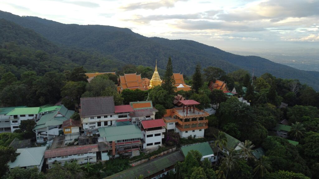 Aerial Drone View Of Doi Suthep Temple On The Mountain In Chiang Mai Thailand