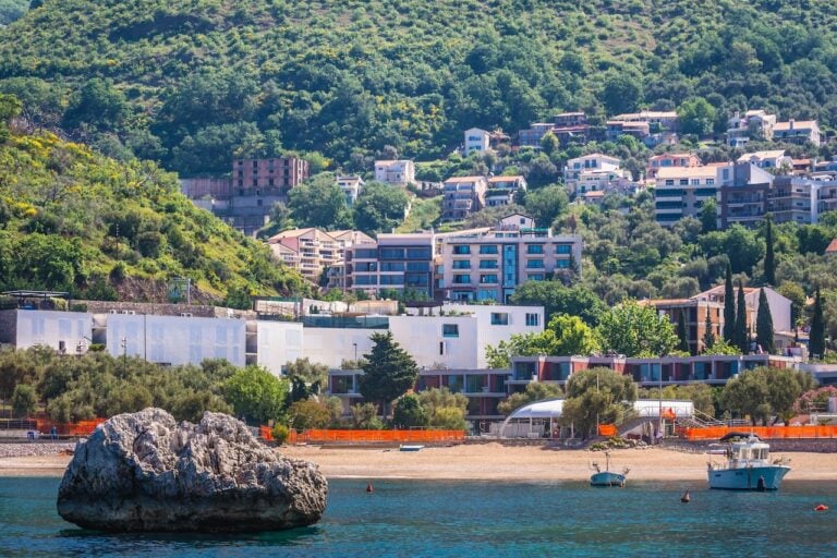 View on village in Montenegro on the Adriatic coast with blocks of flats and other properties