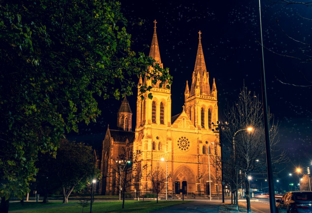 Church lit up at night in Adelaide
