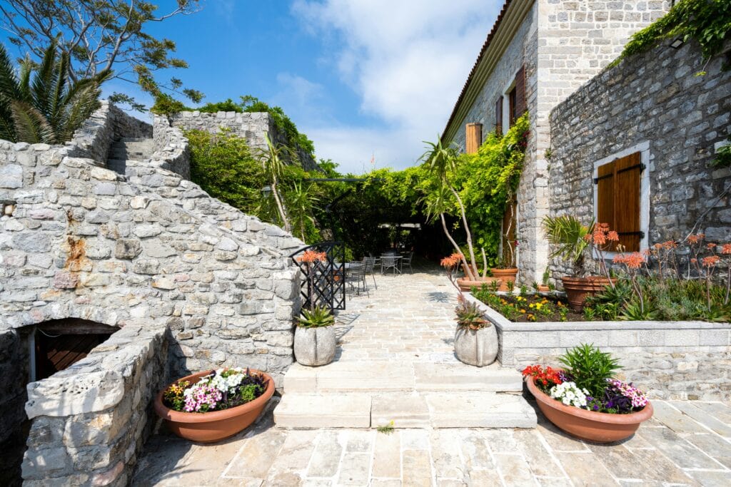Stone wall houses in the centre of the town of Budva in Montenegro