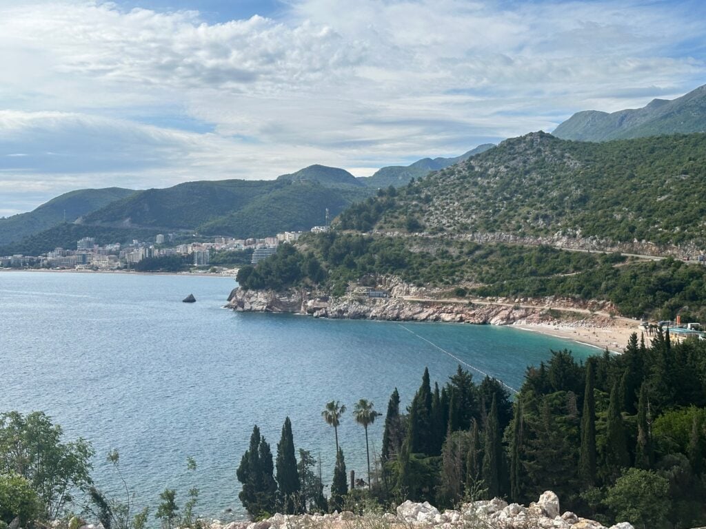 View of coastline and mountains and Budva in the distance in Montenegro