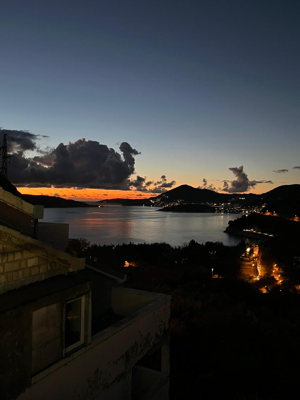 View at night from balcony of coastline in Montenegro