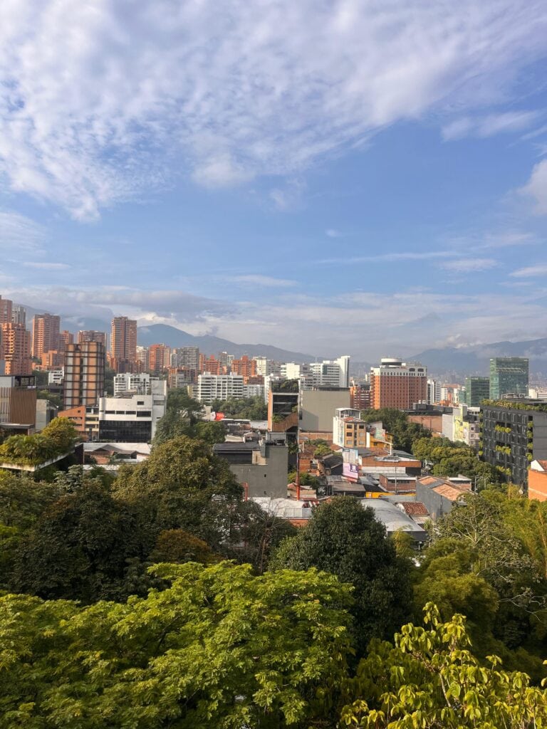 View of a green area with lots of trees in Medellin, residential blocks of flats further in the distance
