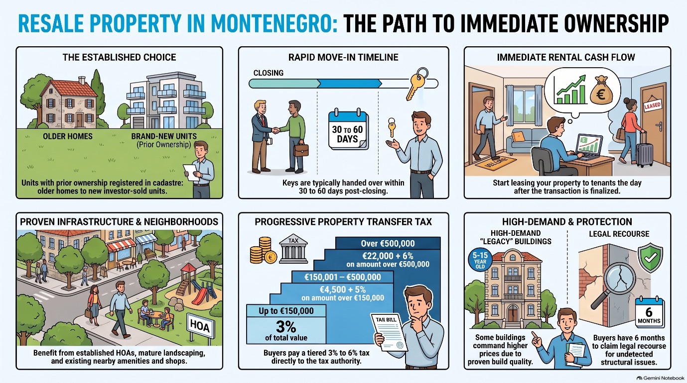 An illustration that shows the phases of property ownership in Montenegro via resale.