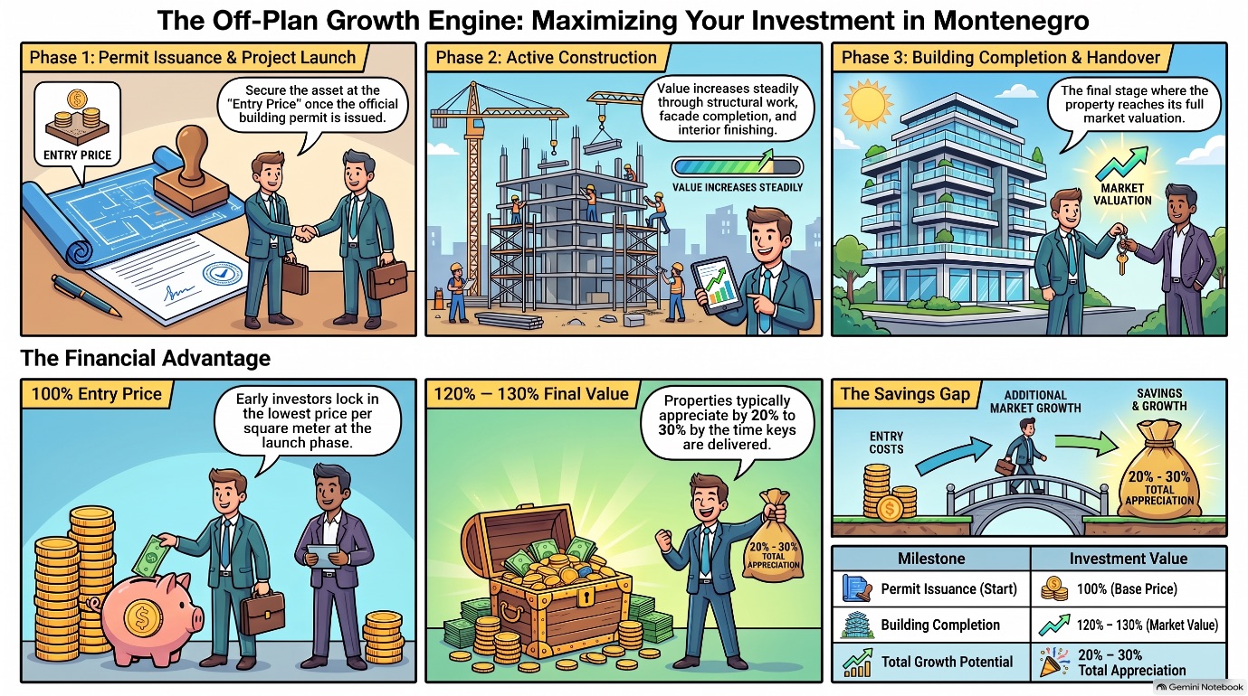 An illustration that shows the phases of off-plan growth in real estate.