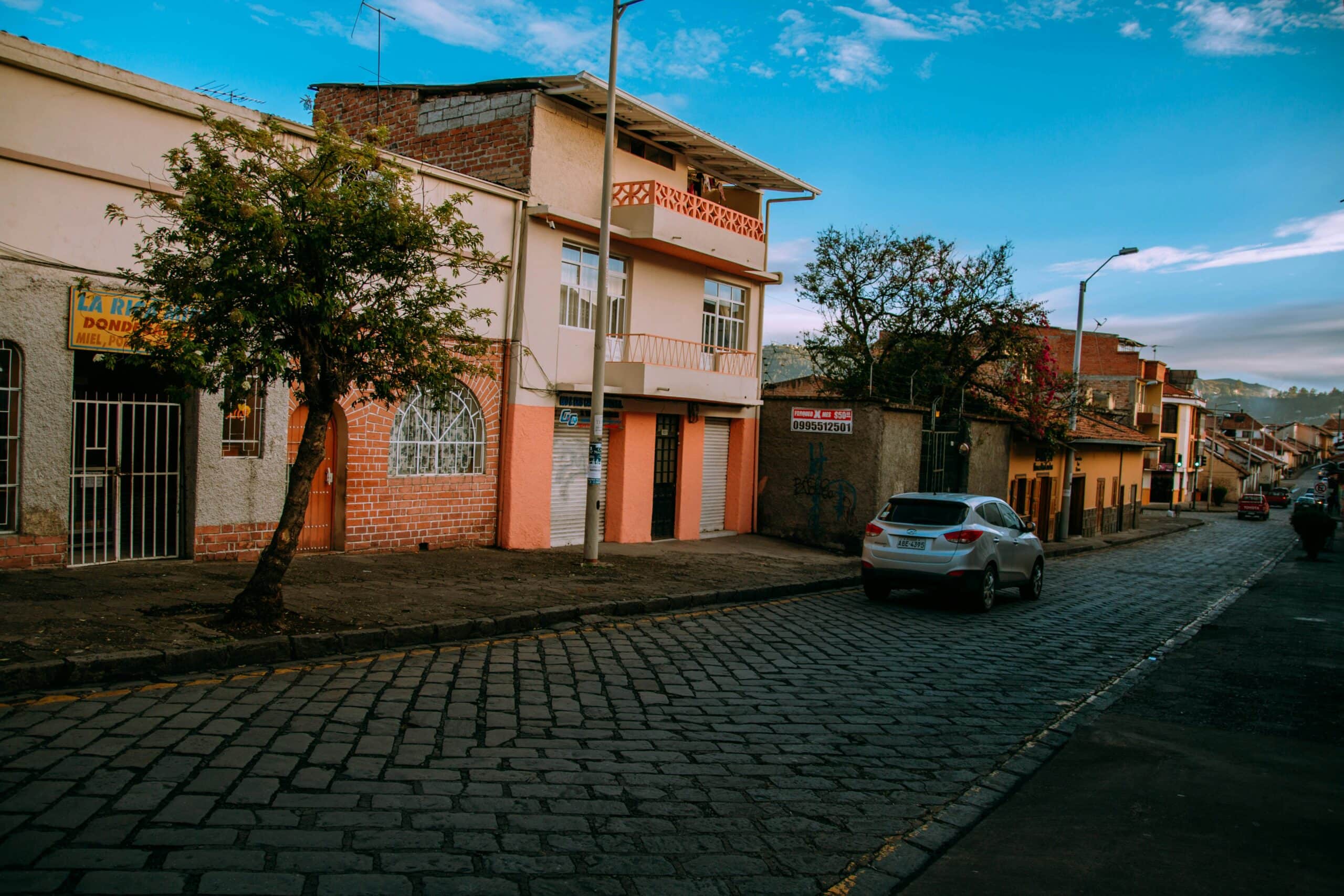 Small residential terraced houses in a quiet street with some trees and a parked car in Cuenca, Ecuador